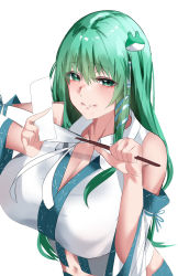 Rule 34 | 1girl, arm up, aw999555, bare shoulders, between fingers, breasts, cleavage, closed mouth, detached sleeves, frog hair ornament, gohei, green eyes, green hair, hair between eyes, hair ornament, half-closed eyes, hands up, highres, holding, holding stick, huge breasts, kochiya sanae, long hair, long sleeves, looking at viewer, ofuda, ofuda between fingers, shirt, sidelocks, simple background, smile, solo, stick, touhou, white background, white shirt, wide sleeves, wing collar