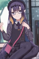 Rule 34 | 1girl, absurdres, bag, black-framed eyewear, black dress, black headwear, black pantyhose, blurry, blurry background, closed mouth, depth of field, dress, glasses, gradient hair, hairband, hat, highres, hololive, hololive english, long hair, long sleeves, looking at viewer, multicolored hair, neck ribbon, ninomae ina&#039;nis, ninomae ina&#039;nis (casual), nvl, official alternate costume, pantyhose, pinafore dress, pointy ears, purple eyes, purple hair, purple ribbon, ribbon, shoulder bag, signature, sleeveless, sleeveless dress, smile, solo, tentacle hair, very long hair, virtual youtuber