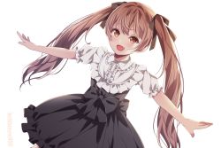 Rule 34 | 1girl, alternate costume, artist name, black dress, blouse, blush, brown eyes, brown hair, brown ribbon, commentary request, dress, fang, frilled dress, frills, hair ornament, hair ribbon, kantai collection, kukimaru, libeccio (kancolle), long hair, looking at viewer, open mouth, ribbon, shirt, short sleeves, smile, solo, transparent background, twintails, white shirt