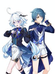 1boy 1girl absurdres ahoge akishiorin ascot black_coat black_ribbon blue_bow blue_bowtie blue_eyes blue_hair blue_jacket blue_ribbon blush bow bowtie coat cosplay earrings furina_(genshin_impact) furina_(genshin_impact)_(cosplay) genshin_impact gloves hair_between_eyes hair_ribbon hat heterochromia highres jacket jewelry light_blue_hair long_hair long_sleeves looking_at_viewer multicolored_hair official_alternate_costume open_mouth ribbon short_hair shorts smile streaked_hair symbol-shaped_pupils vest white_background white_hair white_shorts white_vest xingqiu_(bamboo_rain)_(genshin_impact) xingqiu_(genshin_impact) xingqiu_(genshin_impact)_(cosplay) yellow_eyes