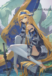 Rule 34 | 1girl, arknights, artist name, bare shoulders, black gloves, black skirt, blonde hair, blue eyes, blue hairband, braid, breasts, character name, closed mouth, creature, day, dragon, dragon horns, elbow gloves, elbow pads, from side, full body, gloves, hairband, hand on own cheek, hand on own face, highres, horns, long hair, looking at viewer, looking to the side, medium breasts, miniskirt, no shoes, outdoors, partially fingerless gloves, planted, planted sword, planted weapon, pond, pouch, saileach (arknights), sima naoteng, sitting, skirt, smile, solo, stirrup legwear, sword, thighhighs, toeless legwear, twin braids, very long hair, water, weapon, white thighhighs, zettai ryouiki