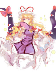 Rule 34 | 1girl, absurdres, blonde hair, bow, closed mouth, dress, gap (touhou), hair bow, hand fan, hat, hat ribbon, highres, holding, holding fan, kayu (553917372), light smile, long hair, looking at viewer, mob cap, purple eyes, purple tabard, red bow, red ribbon, ribbon, shirt, simple background, solo, tabard, touhou, white background, white dress, white hat, white shirt, yakumo yukari