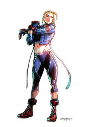 Rule 34 | 1girl, absurdres, ahoge, black sports bra, blonde hair, blue eyes, blue jacket, boots, cammy white, combat boots, cropped jacket, highres, jacket, pants, santa fung, scar, short hair, signature, simple background, solo, sports bra, street fighter, street fighter 6, stretching, white background, yoga pants