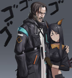 Rule 34 | 1boy, 1girl, absurdres, animal ears, arknights, beard, black hair, chinese commentary, closed mouth, commentary request, dobermann (arknights), doctor (arknights), dog ears, facial hair, gloves, grey background, highres, jacket, john wick, kaiser aki, keanu reeves, long hair, looking at viewer, male doctor (arknights), mustache, nose, one eye closed, teeth, upper body