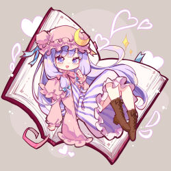 Rule 34 | 1girl, aqua bow, aqua ribbon, blunt bangs, book, boots, bow, bowtie, brown footwear, bun cover, capelet, chibi, collared capelet, crescent, crescent hat ornament, cross-laced footwear, double bun, dress, floating, frilled capelet, frilled dress, frilled hat, frilled robe, frilled sleeves, frills, grey background, hair bow, hair bun, hand up, hat, hat ornament, hat ribbon, heart, highres, long hair, long sleeves, looking at viewer, open book, patchouli knowledge, pink bow, pink bowtie, pink capelet, pink dress, pink hat, pink ribbon, pink robe, puffy sleeves, purple eyes, purple hair, purple stripes, ribbon, robe, shinkai mizuki, sidelocks, simple background, solo, sparkle, striped clothes, striped dress, touhou, vertical stripes
