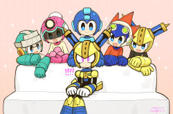 Rule 34 | !, !???, 6+boys, ?, ???, android, armor, behind another, black bodysuit, black hair, blast man, block man, blocks, blue armor, blue eyes, blue hoodie, blush, bodysuit, bounce man, closed mouth, commentary request, couch, feet out of frame, fuse, fuse man, gloves, helmet, highres, hood, hoodie, joints, looking at another, male focus, mega man (character), mega man (classic), mega man (series), mega man 11, meme, multiple boys, multiple persona, on couch, open mouth, pink armor, purple eyes, robot, robot ears, robot joints, short hair, shorts, simple background, sitting, smile, visor (armor), wenyu, white background, white gloves, yellow armor, yellow headwear