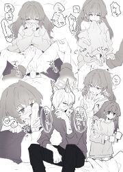 Rule 34 | 1boy, 1girl, absurdres, animal ear fluff, animal ears, blue archive, blush, clothes in mouth, covering own mouth, cup, dog ears, fellatio, female sensei (blue archive), finger sucking, fingering, genderswap, genderswap (ftm), greyscale, hair over one eye, halo, hand on another&#039;s stomach, heart, heart-shaped pupils, hetero, highres, holding, holding cup, kanna (blue archive), long hair, monochrome, mouth hold, multiple views, no pants, oral, pussy juice, sensei (blue archive), senta (ysk 0218), shirt in mouth, short hair, speech bubble, spoken heart, spread legs, sweatdrop, symbol-shaped pupils, thought bubble, vaginal