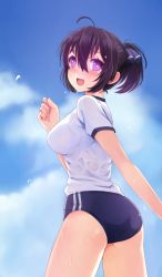 Rule 34 | 1girl, :d, ahoge, antenna hair, arm at side, ass, bad id, bad pixiv id, beifeng han, black hair, blush, breasts, buruma, cloud, cloudy sky, day, from behind, glowing, gym uniform, hair between eyes, hair ribbon, hair up, large breasts, looking at viewer, looking back, miyaura sanshio, open mouth, original, ponytail, purple eyes, ribbon, shirt, short sleeves, sky, smile, solo, standing, thighs, wet, wet clothes, white shirt