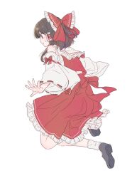 Rule 34 | 1girl, black footwear, black hair, bow, brown eyes, commentary request, detached sleeves, frilled bow, frilled hair tubes, frilled skirt, frills, from behind, full body, hair bow, hair tubes, hakurei reimu, highres, long hair, open mouth, red bow, red skirt, red vest, reimu tyuki, ribbon-trimmed sleeves, ribbon trim, shoes, simple background, skirt, socks, solo, sweatdrop, touhou, vest, white background, white sleeves, white socks, wide sleeves