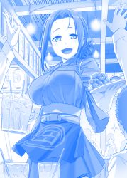 Rule 34 | 1girl, :d, bar (place), blue theme, breasts, chopsticks, comic, cup, dress, drinking glass, drinking straw, female focus, food, fruit, getsuyoubi no tawawa, grapes, himura kiseki, indoors, large breasts, light bulb, long sleeves, looking at viewer, monochrome, open mouth, out of frame, silent comic, smile, solo focus, tasuki, waitress