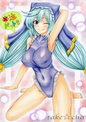 Rule 34 | 10s, 1girl, adapted costume, alternate breast size, arm behind head, artist name, barefoot, blue hair, blush, breasts, covered navel, eris (konosuba), frilled swimsuit, frills, hair between eyes, hat, highleg, highleg swimsuit, highres, kono subarashii sekai ni shukufuku wo!, large breasts, long hair, marker (medium), one-piece swimsuit, one eye closed, purple eyes, smile, swimsuit, takecha, traditional media, twintails, very long hair