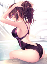Rule 34 | 1girl, arched back, ass, black one-piece swimsuit, breasts, brown eyes, brown hair, competition swimsuit, covered erect nipples, day, hair tie, haruka natsuki, highres, holding, holding own hair, indoors, large breasts, legs together, light rays, long hair, looking at viewer, looking back, mouth hold, nape, one-piece swimsuit, original, ponytail, pool, poolside, profile, purple eyes, sideboob, sidelocks, sitting, solo, sunbeam, sunlight, swimsuit, thighs, tying hair, wet, wet clothes