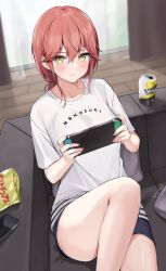 Rule 34 | 1girl, black shorts, blush, breasts, can, cellphone, chips (food), collarbone, couch, food, handheld game console, highres, kaetzchen, large breasts, liliya (kaetzchen), long hair, looking at viewer, md5 mismatch, nintendo switch, original, phone, potato chips, red hair, resolution mismatch, shirt, short sleeves, shorts, sitting, solo, source smaller, strong zero, thighs, white shirt, yellow eyes