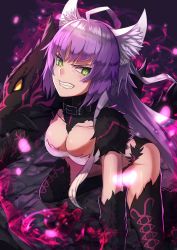 Rule 34 | 1girl, ahoge, animal ears, announ (kurotya), atalanta alter (fate), atalanta (fate), boots, breasts, cat ears, cleavage, clenched teeth, collar, fate/grand order, fate (series), gradient hair, green eyes, highres, long hair, medium breasts, multicolored hair, slit pupils, solo, teeth, thigh boots, thighhighs