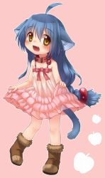 Rule 34 | 1girl, ahoge, animal ears, bell, neck bell, black hair, blue hair, blush, boots, brown eyes, cat ears, cat tail, character request, collar, dress, fang, highres, long hair, open mouth, smile, solo, tail, ueno musashi