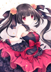 Rule 34 | 1girl, bad id, bad pixiv id, bare shoulders, black ribbon, blunt bangs, blush, bow, commentary request, copyright request, dot nose, dress, dress bow, flower, frills, hair flower, hair ornament, hair ribbon, kurumi mashiro, long hair, looking at viewer, red bow, red dress, red eyes, ribbon, sleeveless, sleeveless dress, solo, twintails