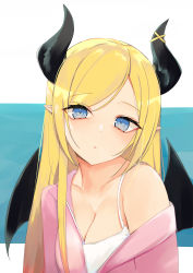 Rule 34 | 1girl, absurdres, blonde hair, blue eyes, breasts, camisole, cleavage, demon girl, demon horns, demon wings, head tilt, highres, hololive, hood, hoodie, horn ornament, horns, large breasts, long hair, looking at viewer, off shoulder, open clothes, open hoodie, parted lips, pink hoodie, pointy ears, rifufu, single bare shoulder, solo, upper body, virtual youtuber, white camisole, wings, yuzuki choco