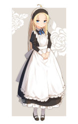 Rule 34 | 1girl, absurdres, ahoge, apron, black dress, black footwear, black hairband, blonde hair, blue bow, blue eyes, blush, bow, closed mouth, collared dress, coreytaiyo, dated, dress, floral background, flying sweatdrops, forehead, frilled apron, frilled dress, frilled hairband, frills, grey background, hairband, highres, juliet sleeves, long hair, long sleeves, maid, maid apron, original, own hands together, pantyhose, parted bangs, puffy sleeves, rose background, shoes, signature, solo, two-tone background, very long hair, white apron, white background, white pantyhose