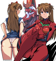 Rule 34 | 1girl, ass, bandages, blue eyes, bodysuit, breasts, brown hair, clothes lift, eva 02, hair ornament, hand up, kamisimo 90, lifted by self, long hair, looking at viewer, looking back, mecha, medium breasts, multiple views, neon genesis evangelion, panties, pilot suit, plugsuit, red bodysuit, robot, school uniform, shadow, shiny clothes, shiny skin, shirt, short sleeves, simple background, sitting, skirt, skirt lift, smile, souryuu asuka langley, striped clothes, striped panties, tokyo-3 middle school uniform, turtleneck, two side up, underwear, wedgie, white background, wide hips