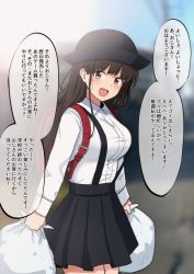 Rule 34 | 1girl, bag, black hair, blush, breasts, brown eyes, commentary request, hat, highres, large breasts, long hair, looking at viewer, mame rakko, open mouth, original, school bag, school uniform, shirt, skirt, suspender skirt, suspenders, thighs, translation request, trash bag, white shirt