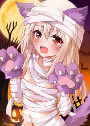 Rule 34 | 1girl, animal ears, animal hands, bare shoulders, blush, breasts, fate/kaleid liner prisma illya, fate (series), gloves, hair between eyes, halloween costume, highres, illyasviel von einzbern, long hair, looking at viewer, mochi (k620803n), open mouth, paw gloves, red eyes, sidelocks, small breasts, smile, solo, tail, white hair, wolf ears, wolf tail