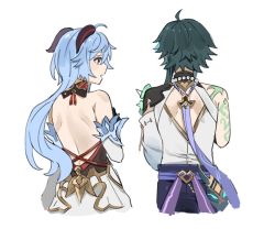 Rule 34 | 1boy, 1girl, ahoge, arm tattoo, armor, bead necklace, beads, black hair, blue hair, cropped legs, detached sleeves, from behind, ganyu (genshin impact), genshin impact, gyoju (only arme nim), hair between eyes, horns, jewelry, long hair, mask, multicolored hair, necklace, parted lips, shoulder armor, simple background, spikes, symbol-only commentary, tattoo, white background, xiao (genshin impact)