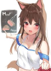 Rule 34 | 1girl, animal ears, bare shoulders, breasts, brown hair, cleavage, clothes tug, collarbone, crop top, english text, fang, food, highres, long hair, meat, medium breasts, menu, mizuki ryuu, open mouth, original, pov, red eyes, skin fang, solo, upper body, v-shaped eyebrows, white background