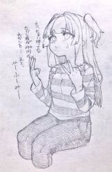 Rule 34 | 1girl, blunt bangs, blunt ends, collarbone, commentary, commentary request, cropped legs, denim, finger counting, graphite (medium), greyscale, hair intakes, hands up, highres, invisible chair, jeans, kotonoha akane, long hair, long sleeves, looking up, monochrome, one side up, pants, shirt, short eyebrows, sidelocks, simple background, sitting, solo, striped clothes, striped shirt, sweatdrop, thinking, toriniku29, traditional media, translation request, voiceroid