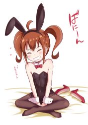 Rule 34 | 1girl, animal ears, black hair, black leotard, bow, bowtie, breasts, brown hair, detached collar, closed eyes, facing viewer, grin, highres, indian style, kurusu kanako, crossed legs, leotard, long hair, ore no imouto ga konna ni kawaii wake ga nai, pantyhose, playboy bunny, rabbit ears, red bow, red bowtie, red footwear, shoes, unworn shoes, simple background, sitting, small breasts, smile, solo, strapless, strapless leotard, takatsuki akira, traditional bowtie, white background, wrist cuffs