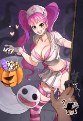Rule 34 | 1boy, 1girl, ?, absurdres, belt, bicorne, breasts, candy, carrying, collar, crop top, devil fruit, dildo, door, dracule mihawk, embarrassed, eye contact, food, ghost, gloves, halloween, halloween bucket, halloween costume, hat, heart, hetero, highres, horo horo no mi, jack-o&#039;-lantern, joy boy, large breasts, leaning forward, long hair, looking at another, midriff, miniskirt, naughty face, nurse, nurse cap, one piece, open mouth, opening door, perona, pink belt, pov, revealing clothes, sex toy, skirt, smile, spiked collar, spikes, standing, surprised, thigh belt, thigh strap, twintails, very long hair, white gloves
