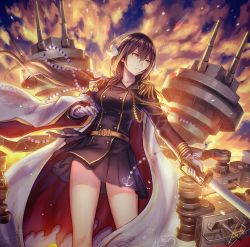 Rule 34 | 1girl, aiguillette, anbe yoshirou, azur lane, backlighting, beads, belt, black hair, black jacket, black skirt, breasts, brown hair, cannon, cloud, cloudy sky, epaulettes, expressionless, floating hair, gloves, hair between eyes, highres, holding, holding sword, holding weapon, horns, jacket, long hair, long sleeves, medium breasts, mikasa (azur lane), military, military uniform, rigging, serious, sidelocks, signature, skirt, sky, solo, sunset, sword, uniform, weapon, white gloves, wind, wind lift
