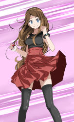 Rule 34 | 1girl, black shirt, black thighhighs, blue eyes, bracelet, breasts, brown hair, closed mouth, collarbone, creatures (company), floating hair, game freak, high-waist skirt, highres, holding, holding poke ball, jewelry, long hair, looking at viewer, medium breasts, miniskirt, nintendo, parted bangs, pleated skirt, poke ball, pokemon, pokemon xy, purple background, red skirt, serena (pokemon), shiny clothes, shiny legwear, shirt, skirt, sleeveless, sleeveless shirt, smile, solo, standing, thighhighs, tsukishiro saika, very long hair, zettai ryouiki