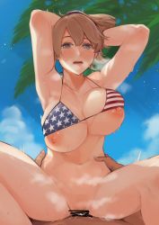 Rule 34 | 1boy, 1girl, absurdres, american flag bikini, armpits, beach, bikini, blush, breasts, brown hair, censored, commission, commissioner upload, cowgirl position, feet out of frame, female pubic hair, flag print, hands on another&#039;s hips, heart, heart-shaped pupils, hetero, highres, intrepid (kancolle), kantai collection, large breasts, looking at viewer, nipples, outdoors, palm tree, ponytail, pubic hair, sex, short hair, skeb commission, straddling, sweat, swimsuit, symbol-shaped pupils, tree, vaginal, wasavi 8