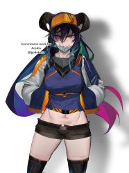 Rule 34 | 1girl, baseball cap, belt, black belt, black shorts, black thighhighs, breasts, closed mouth, colored inner hair, commission, contrapposto, cowboy shot, curled horns, drop shadow, frown, godekasu, gorget, hair between eyes, hands in pockets, hat, highres, horns, horns through headwear, jacket, large breasts, long hair, long sleeves, looking at viewer, metal jaw, midriff, multicolored hair, navel, open clothes, open jacket, original, pink eyes, purple hair, purple shirt, shaded face, shirt, short shorts, shorts, skindentation, solo, standing, thighhighs, twitter username, very long hair, watermark