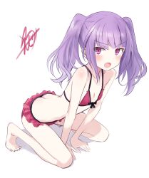 Rule 34 | 1girl, absurdres, alice gear aegis, all fours, ass, bikini, blush, butt crack, eijirou02, flat chest, full body, highres, ichijou ayaka, long hair, looking at viewer, open mouth, purple eyes, purple hair, solo, swimsuit, twintails
