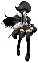 Rule 34 | aoguu, black hair, black thighhighs, chain, coat, glasses, hat, long hair, necktie, original, pirate, pirate hat, shorts, simple background, solo, thighhighs