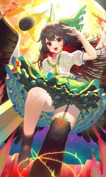 Rule 34 | 1girl, :d, arm cannon, arm up, black hair, black thighhighs, blouse, boots, bow, breasts, brown footwear, cape, green bow, green skirt, hair bow, highres, kiramarukou, long hair, looking at viewer, medium breasts, open mouth, petticoat, puffy short sleeves, puffy sleeves, red eyes, reiuji utsuho, shirt, short sleeves, single thighhigh, skirt, smile, solo, sun, thighhighs, touhou, weapon, white shirt, wings