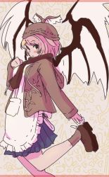 Rule 34 | 1girl, apron, bad id, bad twitter id, bird wings, blue skirt, blush stickers, brown scarf, contemporary, from side, hand on own chest, hat, hood, hood down, hoodie, leg up, looking at viewer, mystia lorelei, oshouyu tabetai, outstretched arm, pink hair, reaching, scarf, shoes, short hair, sketch, skirt, solo, touhou, wings