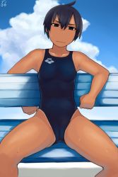 Rule 34 | 1girl, arena (company), bench, black eyes, black hair, competition swimsuit, highres, lvi, one-piece swimsuit, original, short hair, sitting, solo, spread legs, swimsuit, tan, tanline, thighs, tomboy