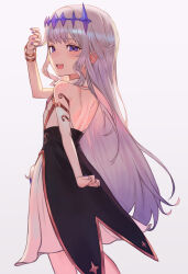 Rule 34 | 1girl, absurdres, arm up, backless dress, backless outfit, black corset, blush, bridal gauntlets, collar, colored inner hair, corset, detached collar, double-parted bangs, dress, flat chest, grey hair, highres, hololive, hololive english, jewel under eye, kiwwwwwi, koseki bijou, koseki bijou (1st costume), long hair, looking at viewer, multicolored hair, nail polish, open mouth, pink hair, purple eyes, purple nails, sidelocks, single bridal gauntlet, smile, solo, strapless, strapless dress, virtual youtuber, white background, white bridal gauntlets, white collar, white dress