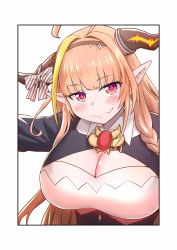 Rule 34 | 1girl, ahoge, black hairband, black jacket, blonde hair, blunt bangs, blush, border, bow, braid, breasts, brooch, cleavage, cleavage cutout, clothing cutout, collared shirt, commentary request, diagonal-striped bow, dragon girl, dragon horns, fang, hairband, highres, hololive, horn bow, horn ornament, horns, jacket, jewelry, kiryu coco, kiryu coco (1st costume), large breasts, long hair, looking at viewer, multicolored hair, nightcoat, orange hair, pointy ears, purple eyes, shirt, side braid, simple background, single braid, skin fang, smile, solo, streaked hair, striped, striped bow, upper body, virtual youtuber, white background, white border, white shirt