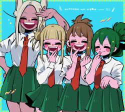 Rule 34 | 4girls, animal ears, anna (aannnaa3), asui tsuyu, blonde hair, blue background, blunt bangs, blush, boku no hero academia, border, breasts, brown hair, closed eyes, collared shirt, double bun, facing viewer, fangs, finger to mouth, green hair, green skirt, hair bun, hand on another&#039;s arm, hand on own hip, heart, highres, long hair, medium breasts, messy hair, mirko, multiple girls, necktie, open mouth, pleated skirt, ponytail, rabbit ears, rabbit girl, red necktie, romaji text, school uniform, shirt, short hair, short sleeves, simple background, skirt, smile, standing, star (symbol), striped border, toga himiko, u.a. school uniform, uraraka ochako, white hair, white shirt