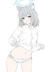 Rule 34 | 1girl, :o, absurdres, animal ear fluff, animal ears, blue archive, blue eyes, blue halo, blush, bra visible through clothes, breasts, bright pupils, clothes lift, collared shirt, grey hair, halo, highres, lifting own clothes, masabodo, medium breasts, mismatched pupils, navel, panties, shiroko (blue archive), shirt, shirt lift, simple background, solo, standing, stomach, thighs, underwear, white background, white panties, white pupils, white shirt, wolf ears