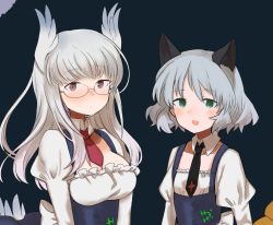 Rule 34 | 2girls, animal ears, bird ears, breasts, cat ears, clothing request, flat chest, glasses, green eyes, heidimarie w. schnaufer, hirschgeweih antennas, ika (hinatu1992), large breasts, looking at viewer, multiple girls, necktie, open mouth, puffy sleeves, red eyes, sanya v. litvyak, strike witches, upper body, white hair, world witches series