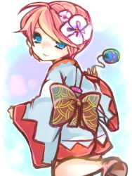 Rule 34 | 1girl, adapted costume, ahoge, blue eyes, final fantasy, final fantasy i, flower, hair flower, hair ornament, hall jion, japanese clothes, kimono, obi, pink hair, sash, short hair, solo, square enix, water balloon, white mage (final fantasy), wide sleeves
