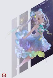 Rule 34 | 1girl, :o, aqua bow, aqua bowtie, aqua ribbon, armpit crease, artist logo, backlighting, bare arms, bare shoulders, blue dress, bow, bowtie, bright pupils, brown eyes, character name, clenched hand, collared dress, dress, expressionless, flying, frilled dress, frilled shirt collar, frills, from side, full body, gradient hair, gradient ribbon, grey background, hair ornament, hair scrunchie, high collar, highres, kemono friends, kemono friends 3, lavender dress, layered dress, leg up, long hair, looking at viewer, looking to the side, mucchiri shiitake, multicolored clothes, multicolored dress, multicolored hair, multicolored ribbon, negative space, no shoes, outstretched arm, parted lips, ribbon, scrunchie, skyfish (kemono friends), sleeveless, sleeveless dress, socks, solo, star (sky), swept bangs, tail, tareme, twintails, very long hair, white dress, white hair, yellow ribbon