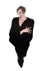 Rule 34 | 1boy, 5altybitter5, black robe, brown hair, closed mouth, earrings, emet-selch, final fantasy, final fantasy xiv, jewelry, long sleeves, looking at viewer, male focus, multicolored hair, robe, short hair, simple background, smile, solo, streaked hair, white background