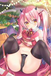 Rule 34 | 1girl, bell, black panties, black thighhighs, blush, breasts, christmas, demon girl, demon tail, demon wings, elbow gloves, embarrassed, gloves, hamico, highres, large breasts, long hair, looking at viewer, navel, original, panties, pink hair, red gloves, ribbon, solo, tail, tears, thighhighs, twintails, underwear, underwear only, very long hair, wings, yellow eyes
