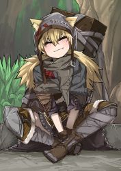 Rule 34 | 1girl, animal ears, blonde hair, blush, chain, closed eyes, fang, forest, girls&#039; frontline, grass, hat, highres, idw (cloak and cat ears) (girls&#039; frontline), idw (girls&#039; frontline), crossed legs, nature, scarf, sitting, smile, stitching, takoongyi, tree