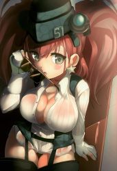 Rule 34 | 1girl, absurdres, atlanta (kancolle), black hat, black skirt, breasts, brown hair, cleavage, dress shirt, earrings, garrison cap, garter straps, gloves, grey eyes, hat, high-waist skirt, highres, jewelry, kantai collection, large breasts, long hair, long sleeves, moeufocatcher, partially fingerless gloves, see-through, shirt, skirt, solo, star (symbol), star earrings, sunglasses, sunglasses removed, suspender skirt, suspenders, thighs, two side up, white shirt
